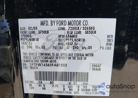 2005 Ford F-150 Fx4/Lariat/Xlt z USA, uszkodzony, nr VIN 1FTPW14565FA81552